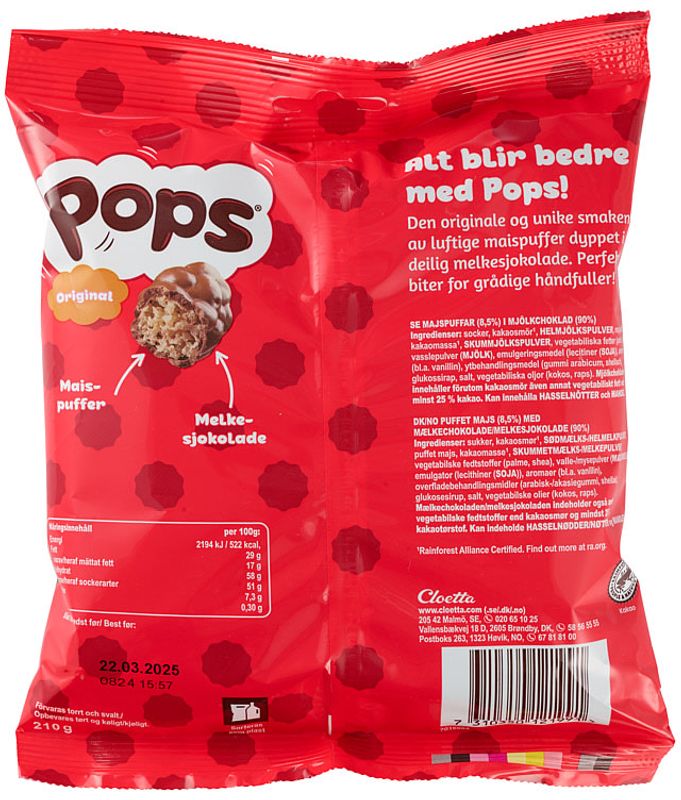 Pops Original 210g fra Cloetta | Maispuffer i melkesjokolade