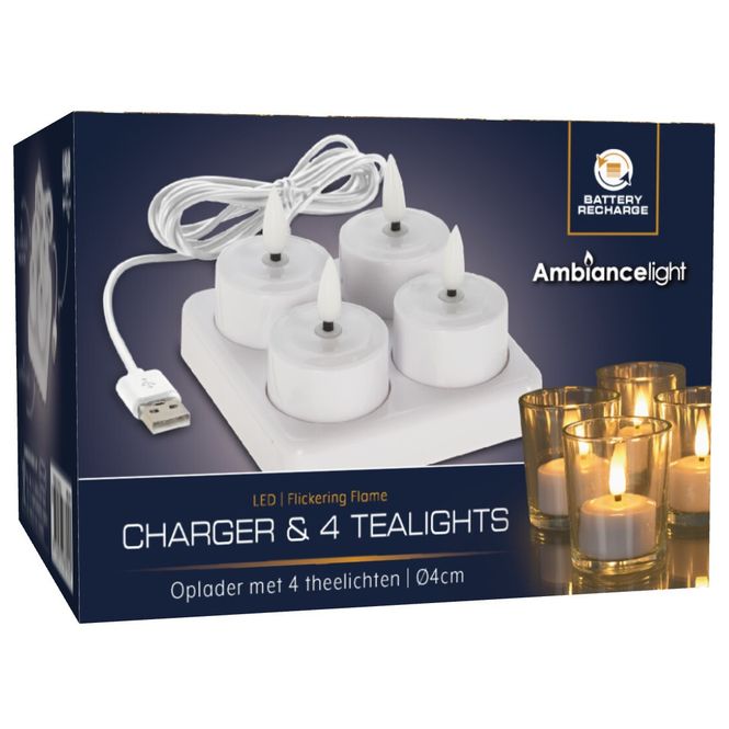 Hovedbilde Oppladbart LED-Telyssett 4pk Med lader