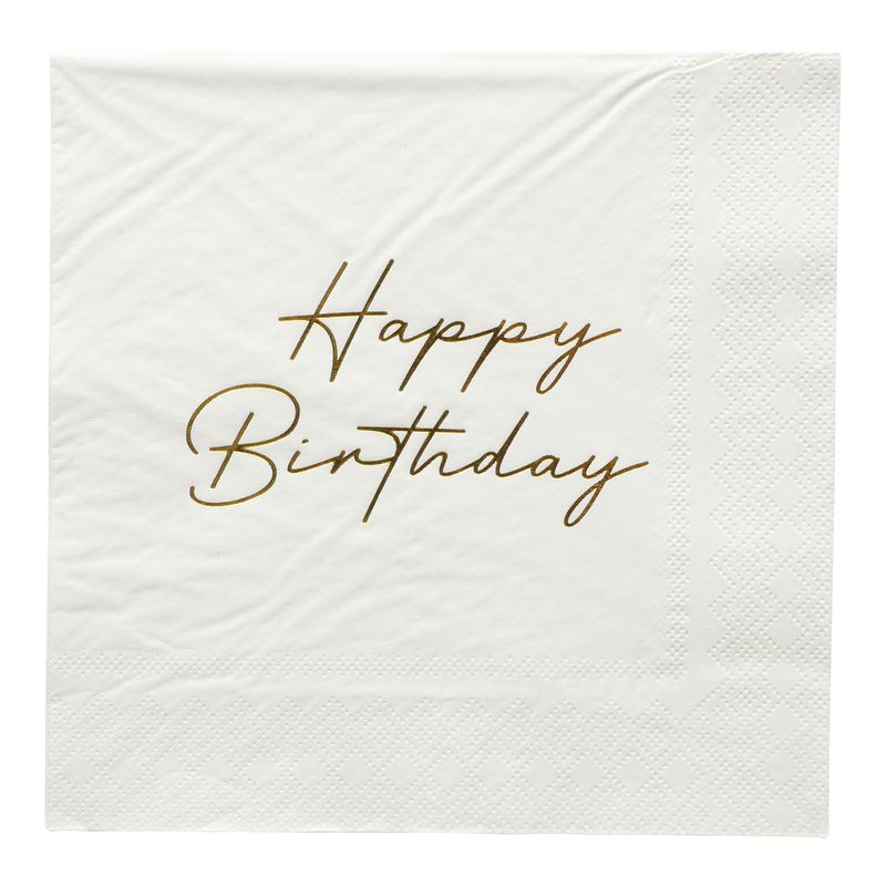 Hvite Servietter med Gulltekst Happy Birthday | 16stk | 3-lags