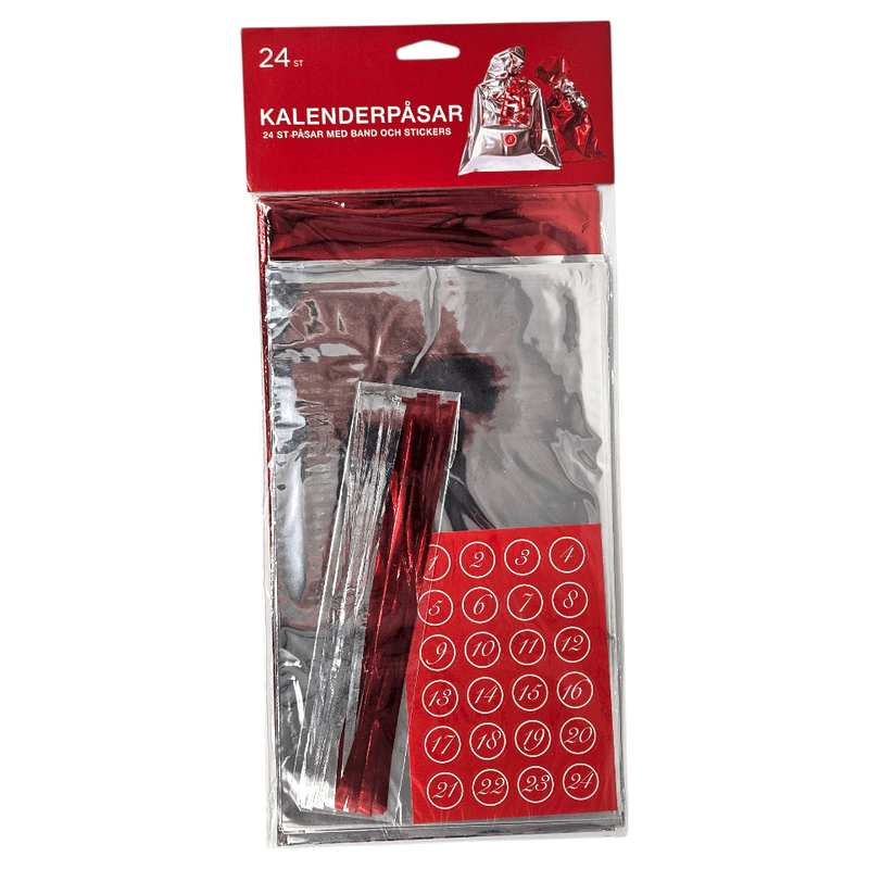 Kalendergaveposer 24stk med merking| Metallic rød og sølv