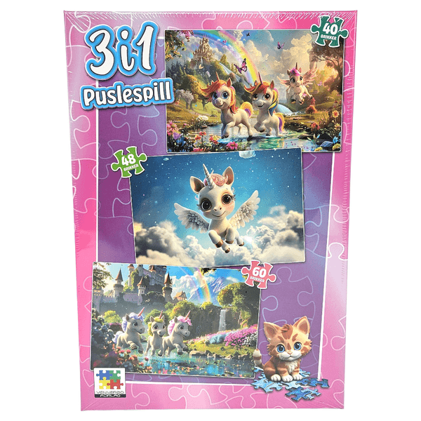 Puslespill 3i1 Enhjørning | Tre magiske puslespill i én eske