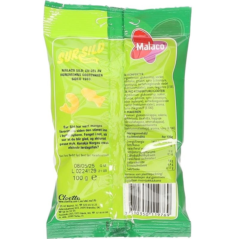 Malaco Sur Sild 100g | Klassisk surt godteri med sitronsmak